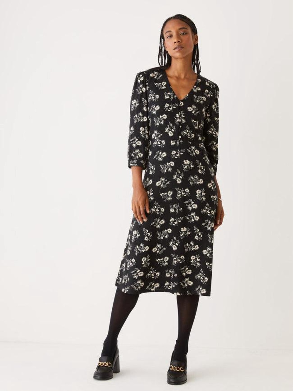 Frank & Oak Black Floral Midi Dress 3/4 Sleeve‎ Womens Size Small